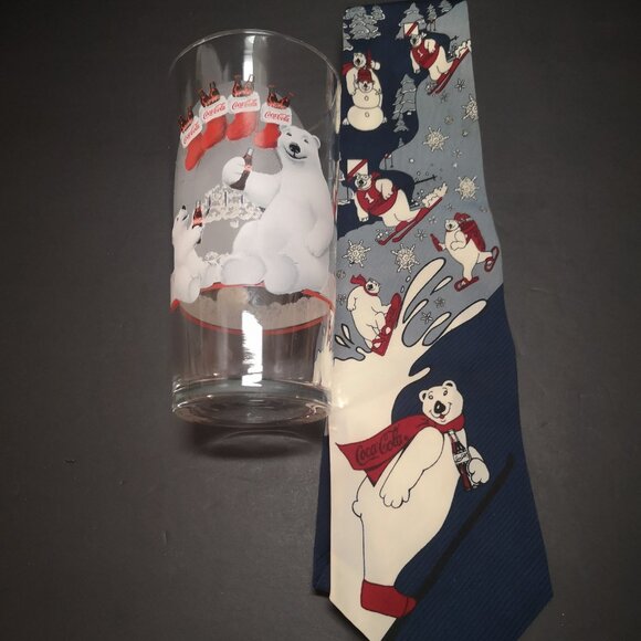 Vintage Collector Coca-Cola Glass & Tie Set w/ Always Cool Polar Bear Theme - Picture 1 of 7